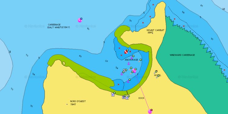 Открыть карту Navionics якорных стоянок и стоянок яхт на буях в Соляной бухте. Остров Меро, Сент-Втнсент и Гренадины. Карибы.