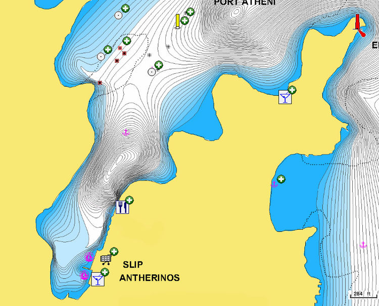 Открыть карту Navionics стоянок  яхт в Порт  Атени. Остров Меганиси. Греция.