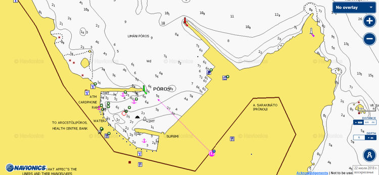 Открыть карту Navionics стоянок яхт в порту Порос. Остров Keфалония. Ионическое море. Греция