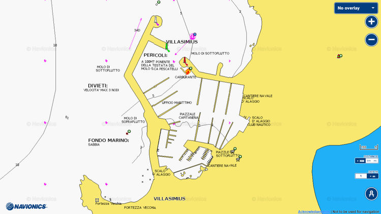Открыть карту Navionics яхтенных стоянок в марине Вилласимиус. Сардиния. Италия