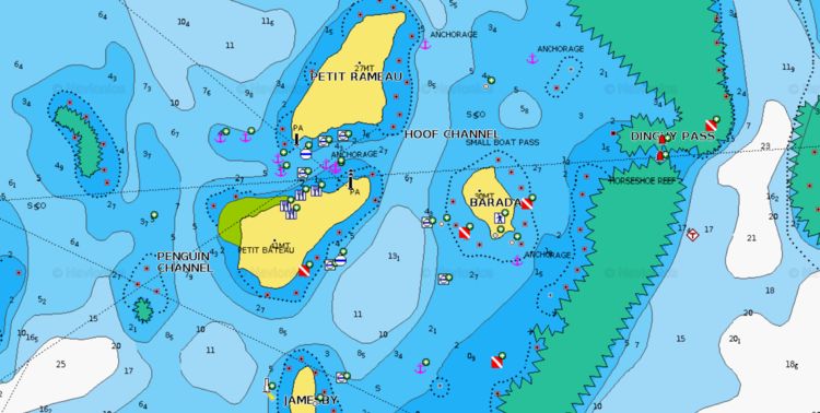 Открыть карту Navionics якорных стоянок яхт на буях и якорных стоянок у рифов Тобаго