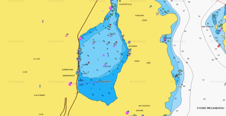 Открыть карту Navionics якорной стоянки яхт в бухте Влихо. Остров Лефкас. Ионическое море. Греция