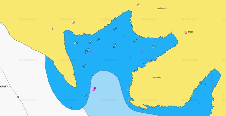 Открыть карту Navionics якорной стоянки яхт в бухте Граммата. Остров Сирос. Киклады. Греция