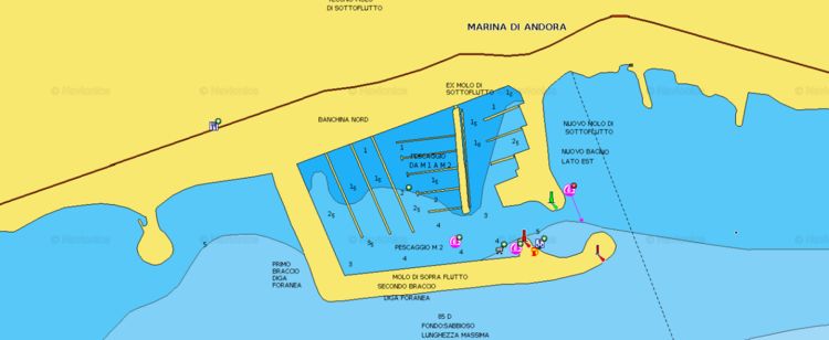 Открыть карту Navionics стоянок яхт в марине Андора. Савона. Лигурия. Италия.