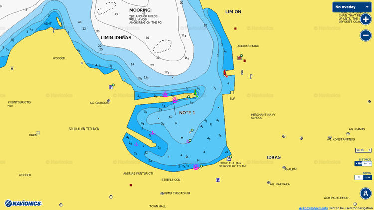 Открыть карту Navionics стоянок яхт в порту Гидра. Греция