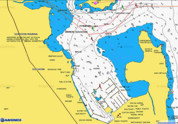 Открыть карту Navionics стоянки яхт в марине Гувия. Остров Корфу. Ионическое море. Греция