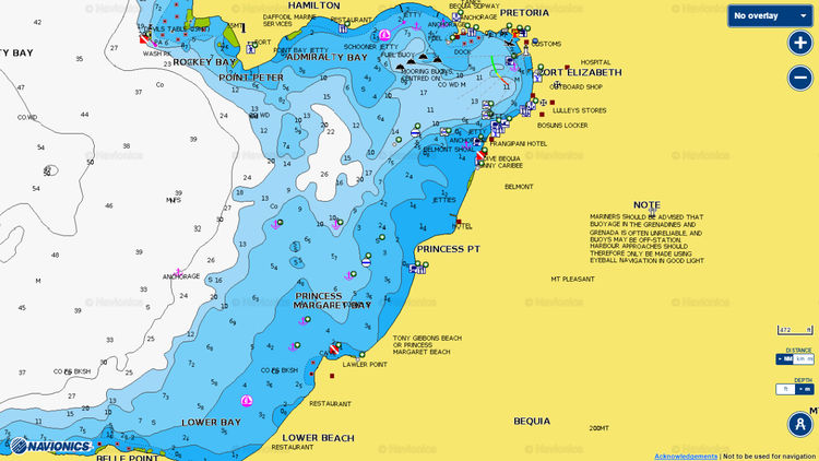 Открыть карту Navionics якорных стоянок яхт в Адмиральской бухте острова Бакия. Сент-Винсент и Гренадины. Карибы