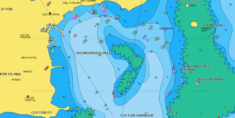 Открыть карту Navionics стоянок яхт в порту Клифтон на острове Юнион. Гренадины.Крарибы