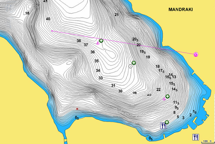 Открыть карту Navionics стоянок яхт в бухте Мандраки на острове Гидра