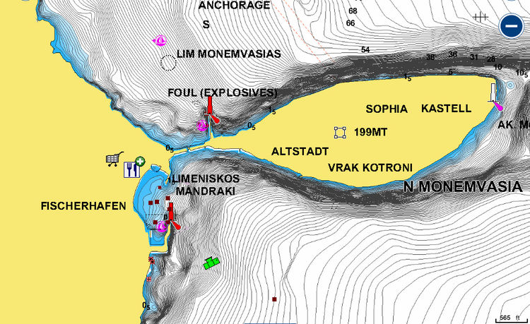 Открыть карту Navionic стоянок яхт в Монемвасии.Залив Арголикос. Греция