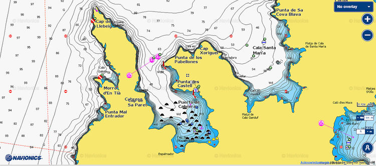 Открыть карту Navionics яхтенной стоянки яхт на буях на острове Кабрера. Балеары. Испания