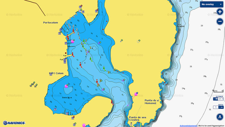Открыть карту Navionics яхтенных стоянок в Порт Колом. Балеары. Майорка. Испания