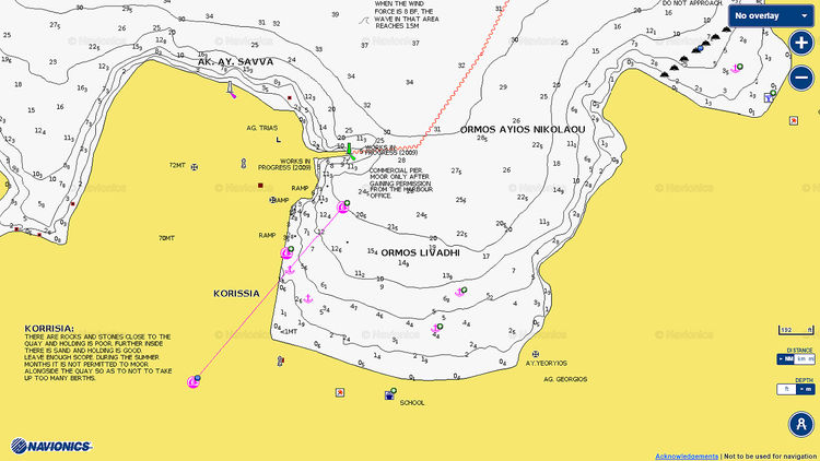 Открыть карту Navionics стоянок яхт в марине в Кариссие. Остров Кея. Киклады. Греция