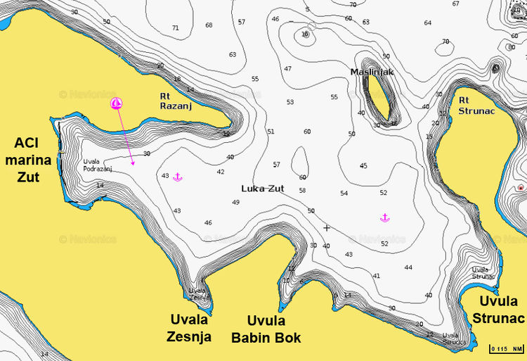 Открыть карту Navionics стоянок яхт в бухте Zesnja