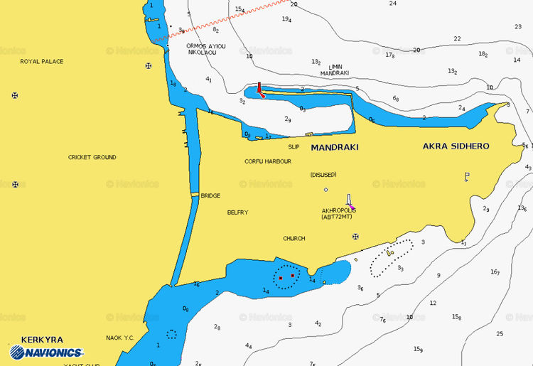 Открыть карту Navionics стоянки яхт в порту Мандраки в г. Корфу на о.Корфу. Ионическое море. Греция