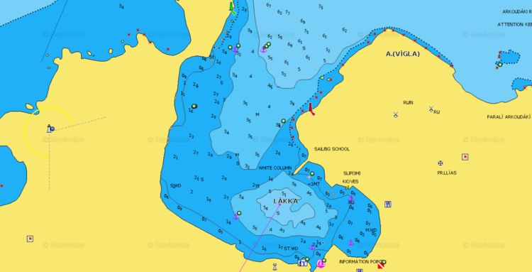 Открыть карту Navionics стоянки яхт в  порту Лакка на острове Паксос. Ионические острова. Греция.