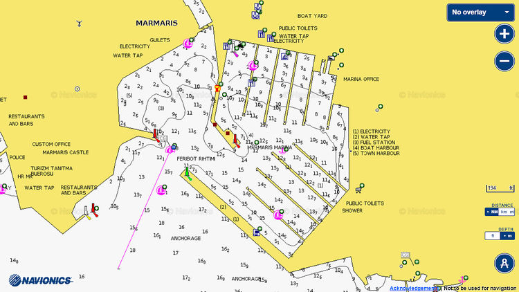 Открыть карту Navionics стоянок яхт в Нетсел марине. Мармарис. Турция