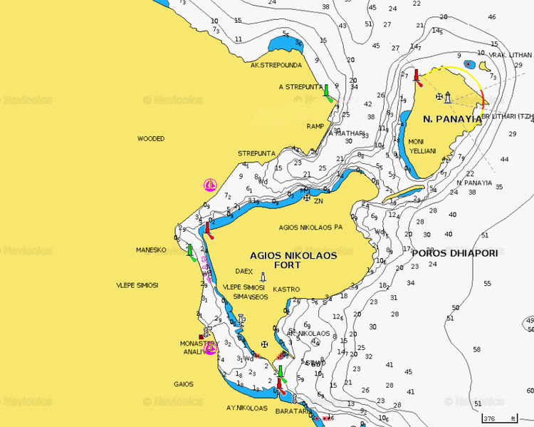 Карта яхтенных стоянок в Порт Гайос. Остров Паксос. Ионическое море. Греция