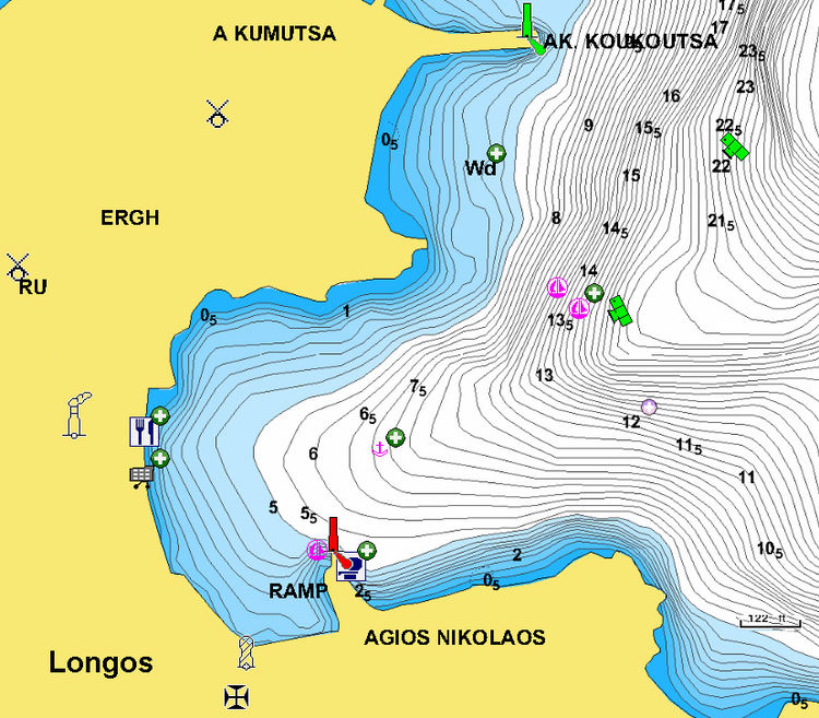 Открыть карту Navionics  яхтенных стоянок в Порт Лонгос. Остров Паксос. Ионическое море. Греция