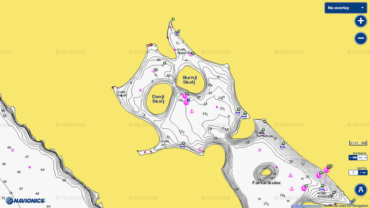 Открыть карту Navionics стоянок яхт у островов Donji Skoli и Burnji Skol