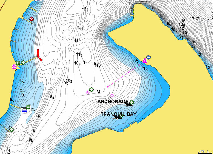 Открыть карту Navionics яхтенных стоянок в бухте Нидри. Остров Лефкас. Ионическое море. Греция