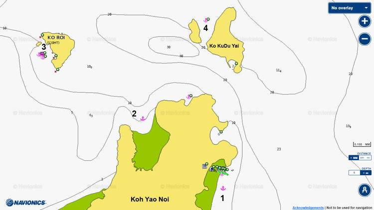 Открыть карту Navionics якорных стоянок яхт на севере островов  Яао Ной