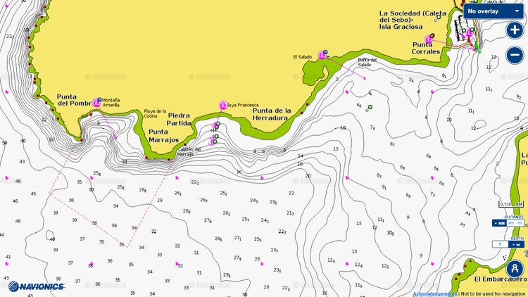Откыть карту Navionics якорных стоянок яхт у южного побережья  острова Грасиоса. Канары