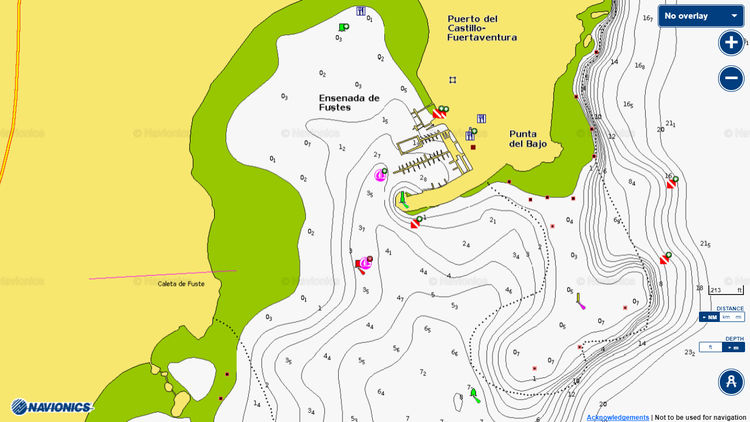 Открыть карту Navionics яхтенных стоянок в марине Кастильо в Калета де Фусте, Фуэртевентура. Фуэртевентура. Канарские острова.