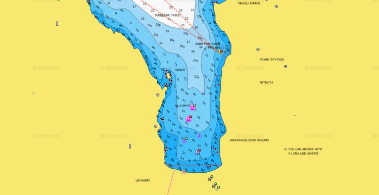 Открыть карту Navionics якорных стоянок яхт к югу от старого порта Миконоса