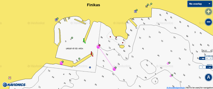Открыть карту Navionics стоянок яхт в Финикосе на острове Сирос. Киклады. Греция