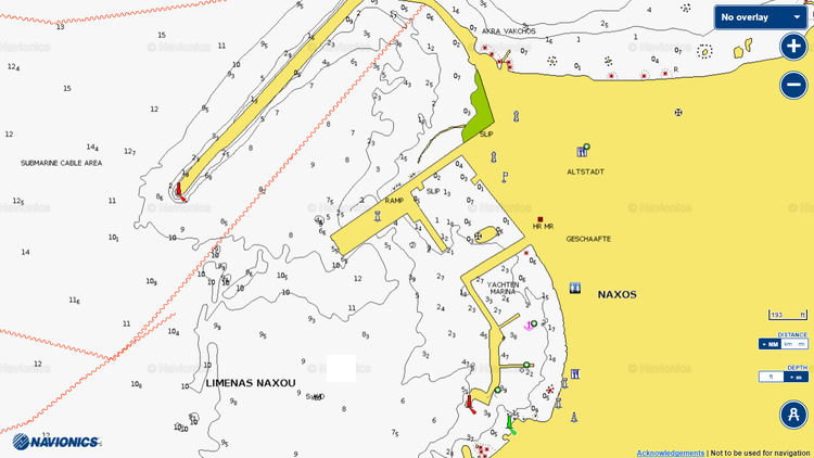 Открыть карту Navionics стоянок яхт в порту и марине Наксос на одноимеенном острове. Киклады. Греция
