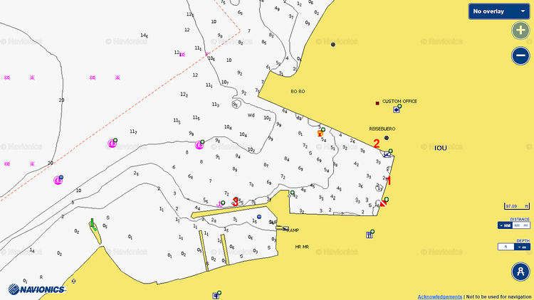 Открыть карту Navionics стоянок яхт в порту Иос на западе острова Иос. Киклады. Греция