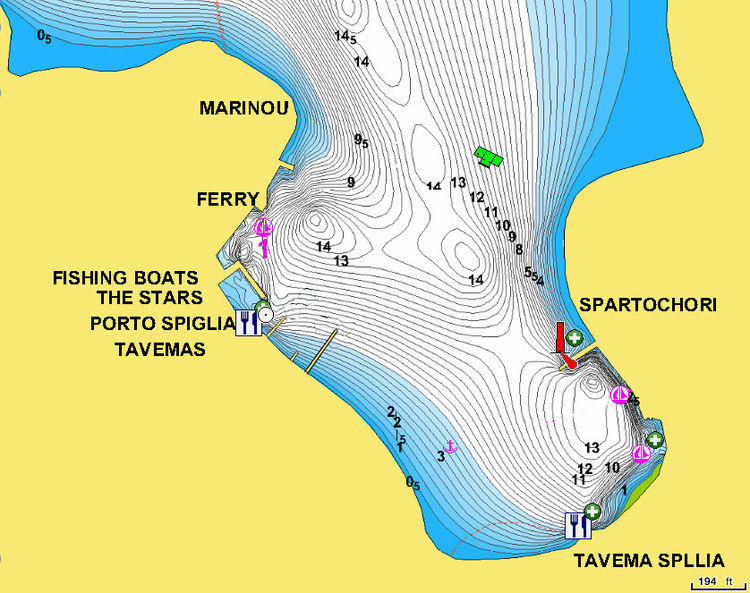 Открыть карту Navionics  стоянок яхт в Порт Спилия. Остров Меганиси. Ионическое море. Греция