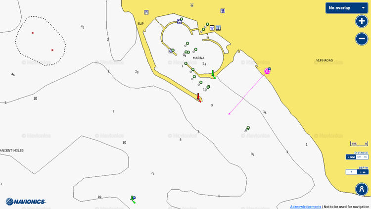 Открыть карту Navionics стоянок яхт в марине Вликада на острове Санторин. Киклады. Греция