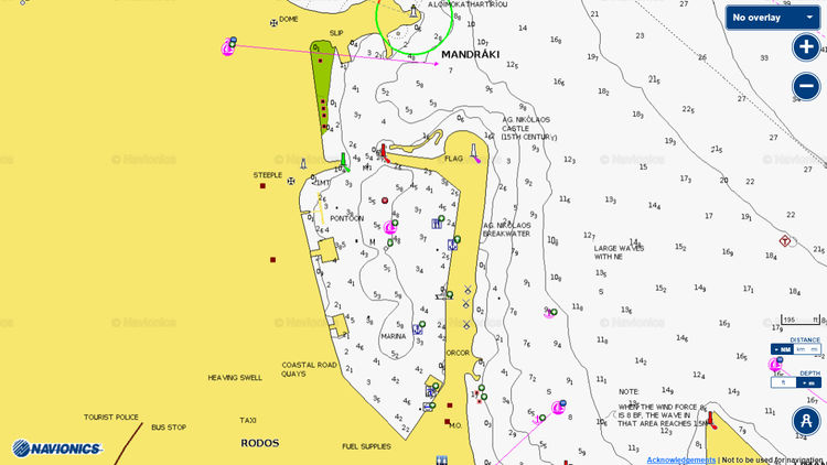 Открыть карту Navionics стоянок яхт в Мандраки. Остров Родос. Додеканес. Греция