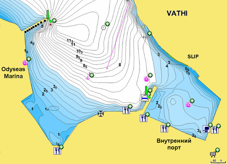 Открыть карту Navionics яхтенных стоянок в Порт Вати на острове Меганиси. Ионические остова. Греция.