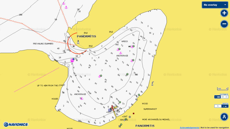 Открыть карту Navionics стоянок яхт в бухте Панормитис. Остров Сими. Додеканес. Греция