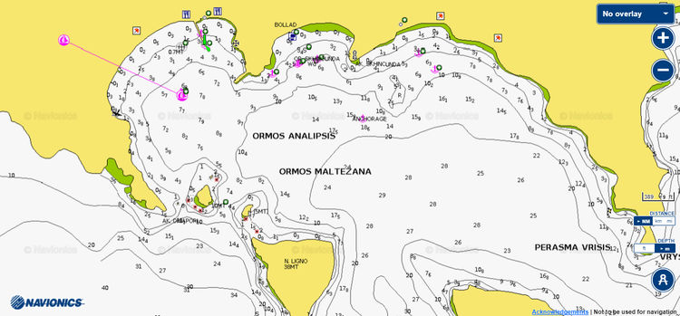 Открыть карту Navionics стоянок яхт в бухте Малтезана. Остров Астипалея. Додеканес. ГрецияМа