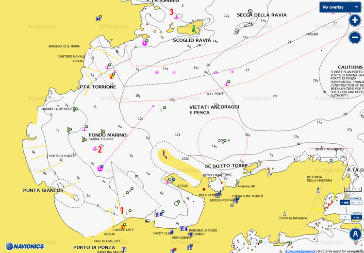 Открыть карту Navionics стоянок яхт у острова Понца. Острова Понца. Италия