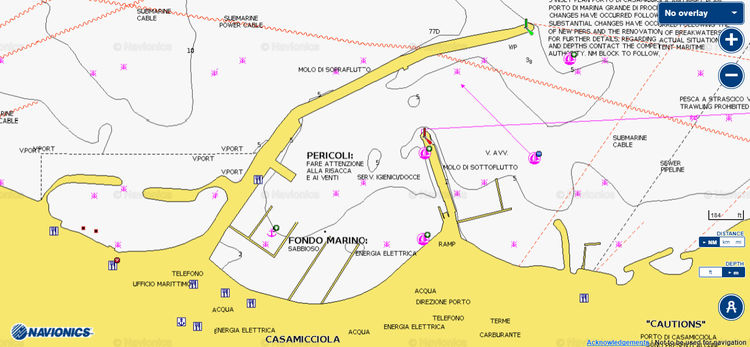 Откыть карту Navionics яхтенных в марине Казамиччола на острове Вентотене. Острова Понца. Италия