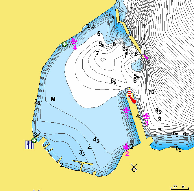 Открыть карту Navionics стоянок яхт в порту Фрикес. Остров Итака. Ионическое море. Греция