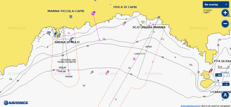 Открыть карту Navionics якорной стоянки яхт в Марина Пиккола на острове Капри