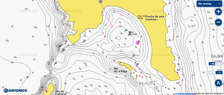 Открыть карту Navionics стоянки яхт на буях у острова Эспальмадор. Остров Форментера. Балеары. Испания