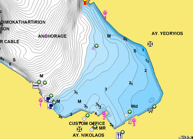 Открыть карту Navionics стоянок яхт в порту Вати. Остров Итака. Ионическое море. Греция