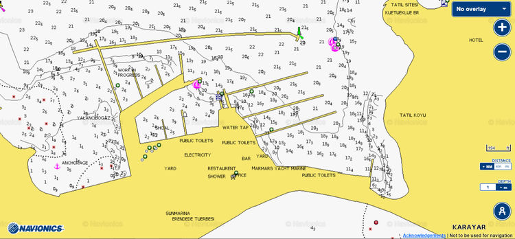 Открыть карту Navionics стоянки яхт в Мармарис Яхт Марине. Турция