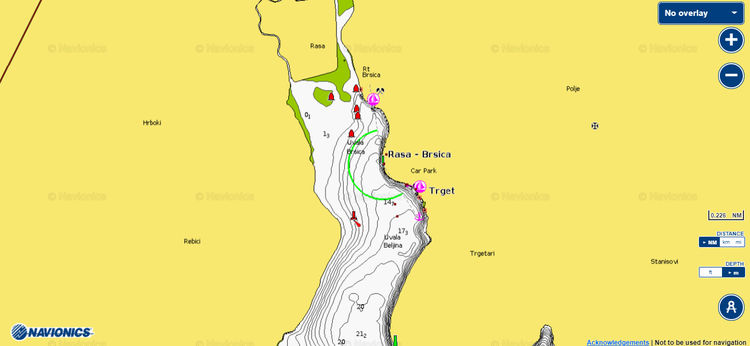 Открыть карту Navionics стоянок яхт у деревни Тргет в заливе Раша.