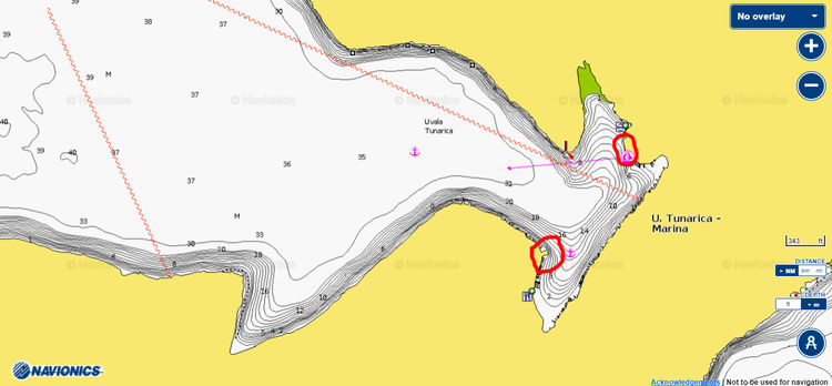 Открыть карту Navionics стоянок яхт в бухте Тураница в заливе Раша.