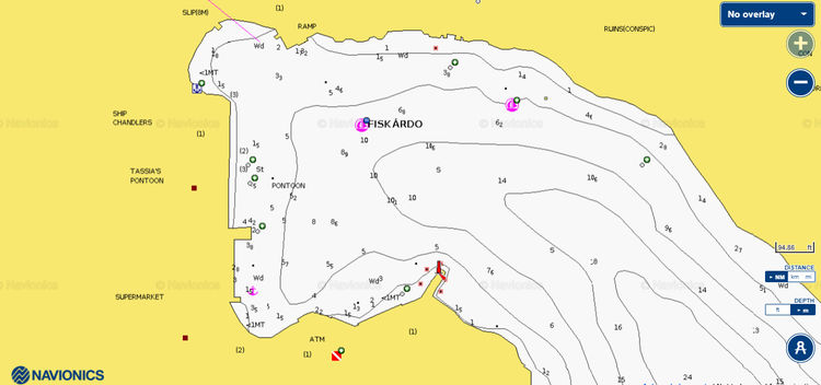 Открыть карту Navionics стоянок яхт в Фискардо. Остров Keфалония. Ионическое море. Греция
