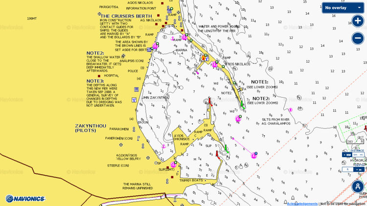 Открыть карту Navionics стоянок яхт в порту Закинтос. Остров Закинтос. Ионическое море. Греция