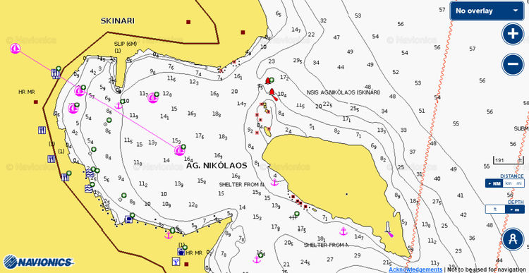 Открыть карту Navionics стоянок яхт в бухте Святого Николая на острове Закинтос в Ионическом море Греции